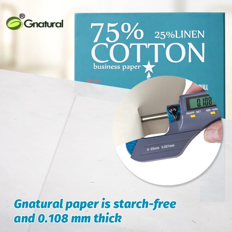 gnatural 75% قطن 25% كتان ورق، 85 جرام لكل متر مربع ورق طباعة نفاثة للحبر، 8.5"x11" ورق سيرة ذاتية أبيض، 100 ورقة لن تتبلل ورق قطن - Image 3